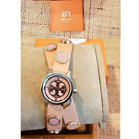 Tory Burch mini studded wrap wrist watch in peach/coral with gold hardware